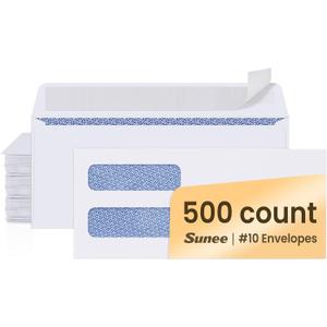 SUNEE Envelopes Self Seal  #10 Double Window Envelopes 500 Pack, Security Tint, Self Seal Closure, Fits Standard Business Checks, 4-1/8 x 9-1/2 Letter Envelope for Invoices & Mailings, 24LB