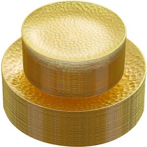 Rubtlamp 60Pcs Yellow Gold Plastic Plates, Yellow Disposable Plates With Gold Rim, Clear Heavy-duty Party Supplies, Hammered Plastic Plates Include 30 Dessert Platos, 30 Dinner Platos for Party