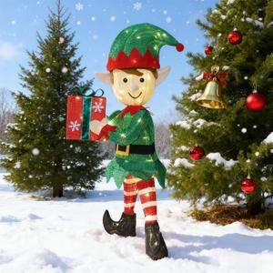 Hausse Lighted Christmas Outdoor Decor, 38" Height Pre-Lit 3D Tinsel Xmas Green Elf Figure, Light Up Xmas Yard Displays, Plug in for Holiday Party New Year Winter Patio Lawn Garden