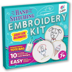 CraftLab Embroidery Sewing Kit for Beginners, Kids Craft Kit Gift for Girls Boys Ages 8-12, 10 Projects, Embroidery Hoops, Fabric, Patterns, Floss, Needles, Needlepoint Cross Stitching Supplies