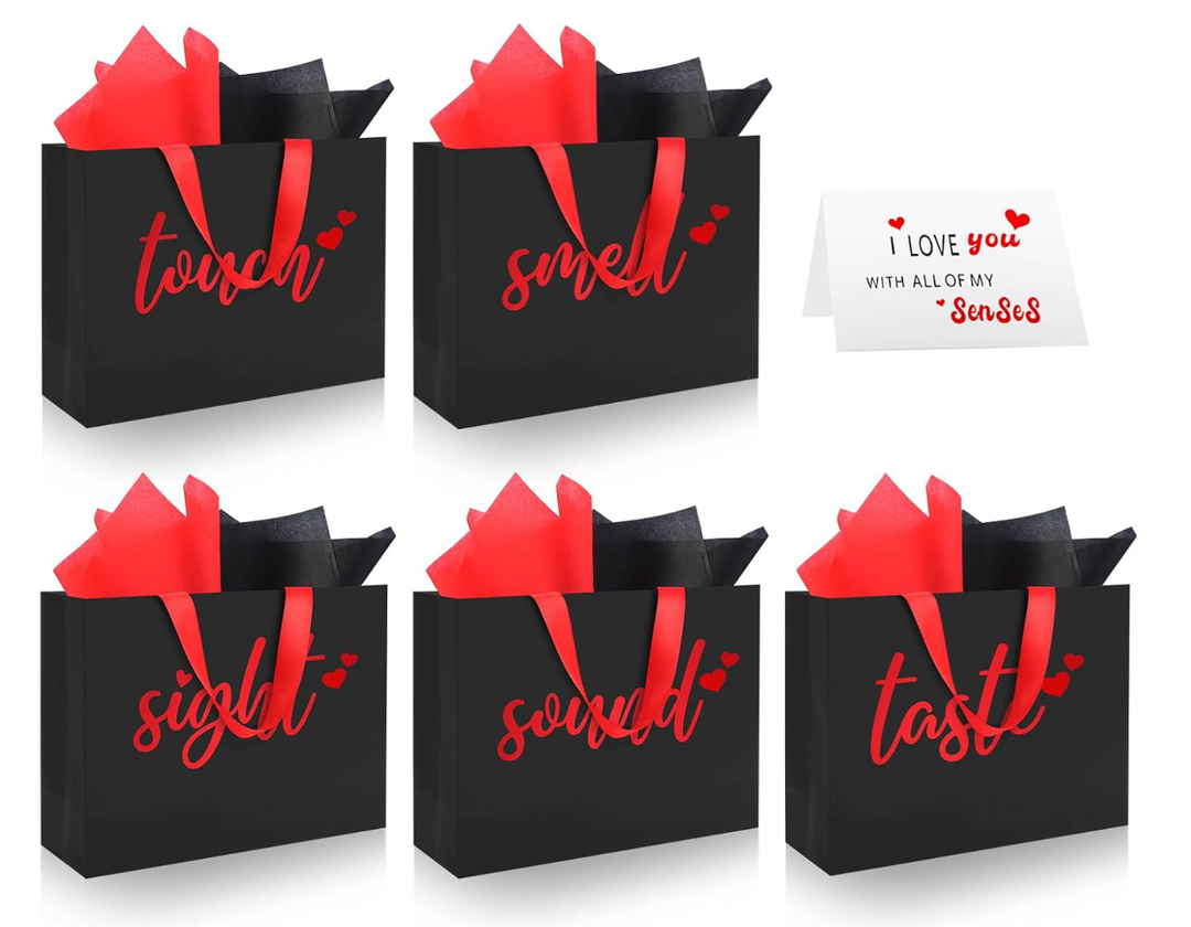 Epoesch 4 Senses Gift Bags for Him With Labels Includes Tissue Paper & Greeting Card, Unique Birthday, Valentine‘S Day, Anniversary, Wedding Gifts for Boyfriend, Bf or Husband (Black with red lettering)
