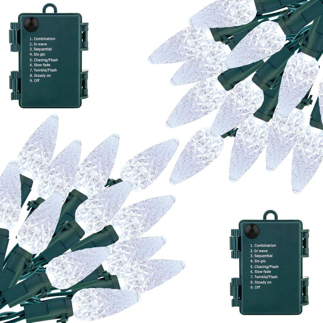 C6 LED Christmas String Lights, 20 ft 60 LED Battery Operated Faceted Strawberry Lights, Waterproof for House Roof Roofline Christmas Tree, White, 2 Pack