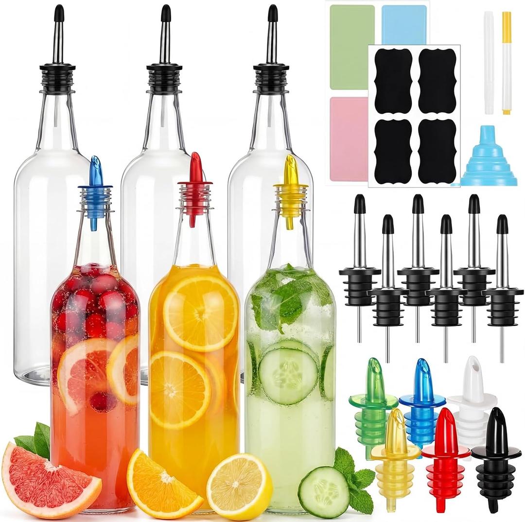 Maxcheck 6 Set 32 oz Plastic Long Neck Bottles with Rainbow Pourer and Caps Plastic Juice Pour Bottles with Stainless Steel Pourer Tapered Spout Syrup Pourers for Liquor Juice Store