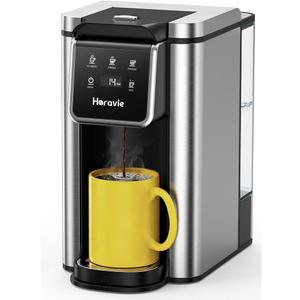 Horavie Single Serve Coffee Maker for K-Cup Pod and Grounds, Hot and Iced Coffee Maker, Strong Button Feature, 6 to 14oz Brew Sizes, 50oz Removable Tank, Up to 6.5 Inch Cup, Stainless Steel, Black