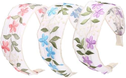 NARUNING 3Pcs Women's Wide Headbands, Flower Embroidered Hairbands Mesh Headband, Comfortable Non-slip Headbands with Comb Teeth for Women and Girls Hair Accessories (6CM Style A, One Size) 2Pack