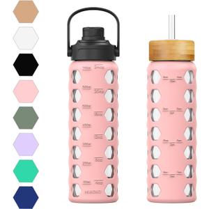 MUKOKO 24oz Glass Water Bottle with 2 Lids-Handle Flip Lid&Bamboo Straw Lid,Motivational Water Tumbler with Time Marker Reminder and Silicone Sleeve, Leakproof-Pink