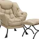 HollyHOME Lazy Chair with Foldable Ottoman, Accent Comfy Lounge Armchair and Folding Footrest Stool, Leisure Sofa Reading Chair and Footstool for Living Room, Bedroom, Dorm,Cotton-Linen Tan