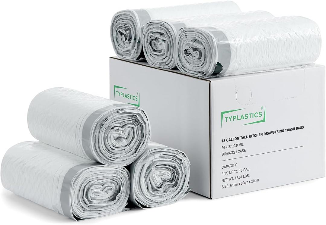 TYPLASTICS FleTex Tall Kitchen 13 Gallon Drawstring Trash Bags, 300 Bags, 24in x 27in, Unscented, White, Wholesale Pack (Heavy Duty, 300 Count)