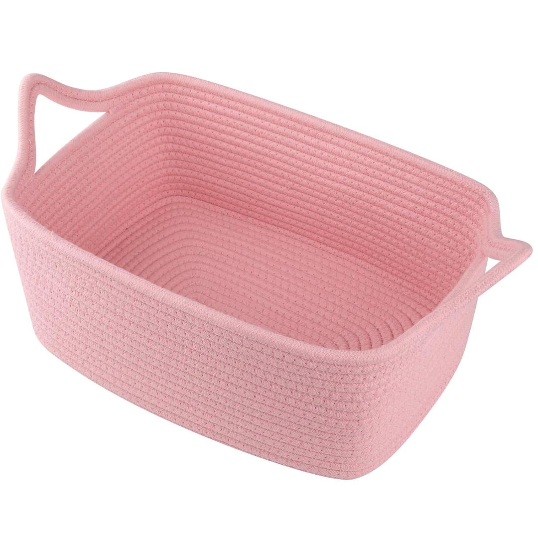 OIAHOMY Woven Basket, Gift Basket Empty with Gift Bags and Ribbons, Rope Baskets for Baby Showers, Storage Baskets with Handles for Nursery, Pet Toy Organizer - Pink (Medium: 13.5L*10W*6H)