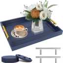 Coffee Table Tray - Large Ottoman Tray for Living Room - Wood Serving Tray with Handles(2 Sets) - Wooden Trays for Coffee Tables, 4 Round Coasters Included, Deep Blue