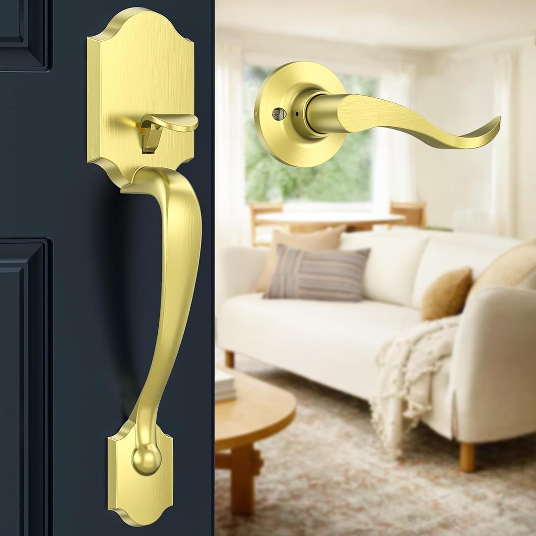 Brightify Gold Front Door Handle No Lock, Classic Exterior Door Handle, Entry Door Handle Reversible for Left & Right Hand Doors
