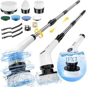 Electric Spin Scrubber, Full-Body IPX7 Waterproof Cordless Power Cleaning Brush with Adjustable Extension Handle, 2-Speed Shower Scrubber with 7 Replaceable Brush Heads for Bathroom, Kitchen Cleaning
