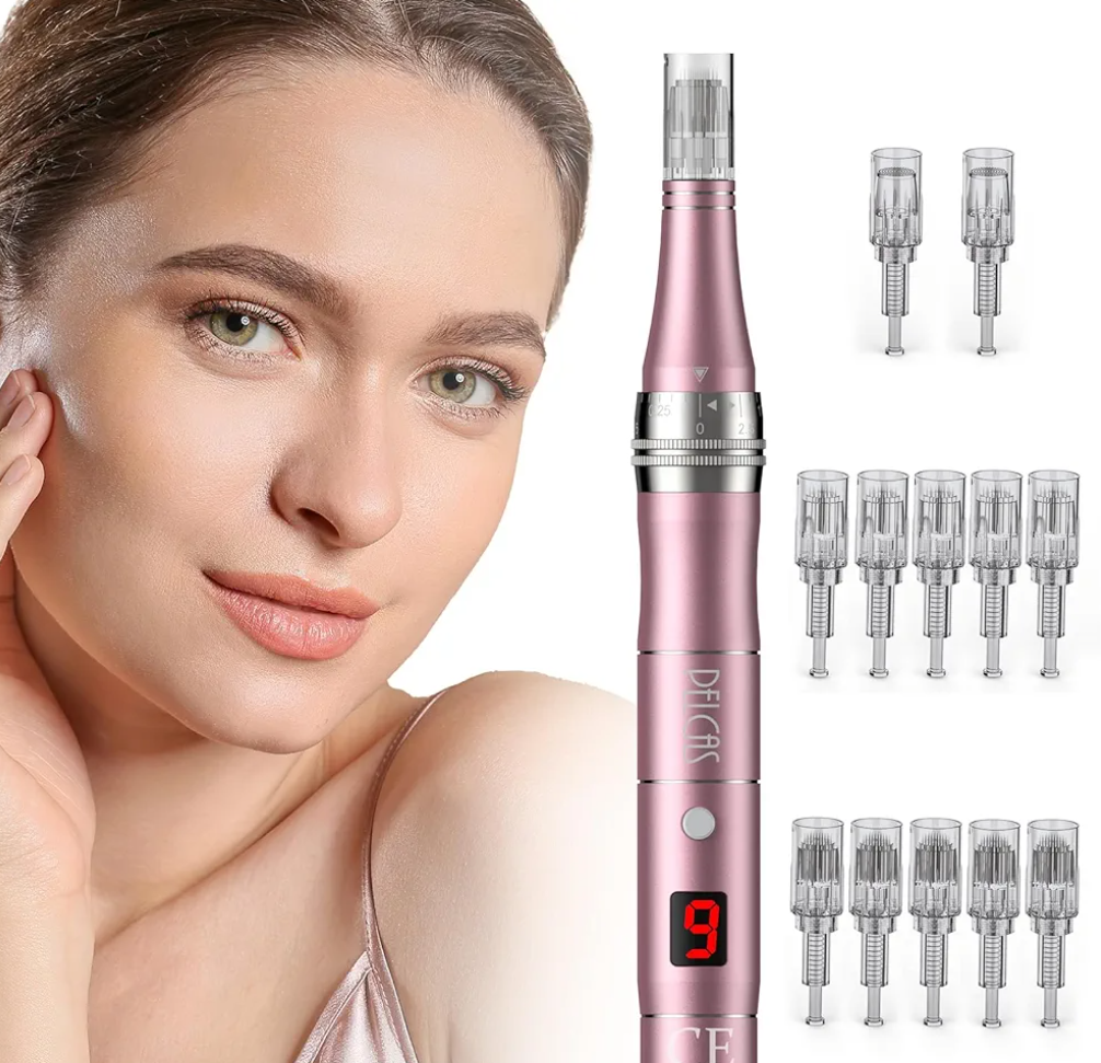 PELCAS Dermapen Microneedling Pen, Electric Microneedle Derma Pen LCD Display with 12pins 36pins Nano Needles Cartridges