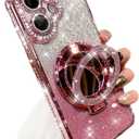 iPhone 16 Plus Magnetic Glitter Kickstand Case, [Compatible with MagSafe] Girly Woman Makeup Mirror Cute Bling Rhinestones Cover + Camera Protector Ring Stand for iPhone 16 Plus (Pink)