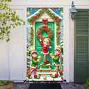 BlissYard Christmas Door Decorations 71x35 inch Elf Door Cover Banner Holiday Backdrop with Wreath Snow Trees and Ornaments for Front Porch Christmas Party Winter Entryway Photo Prop Decor
