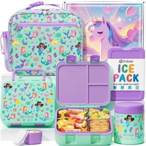 Fimibuke Bento Lunch Box for Kids with Thermos, 32OZ Snack Lunch Container with 3 Compartments, Insulated Lunch Bag, 12OZ Leakproof Food Jar, Ice Pack Set for Age 3-12 Toddler Teen Girls Boys Daycare (A6.Mermaid)