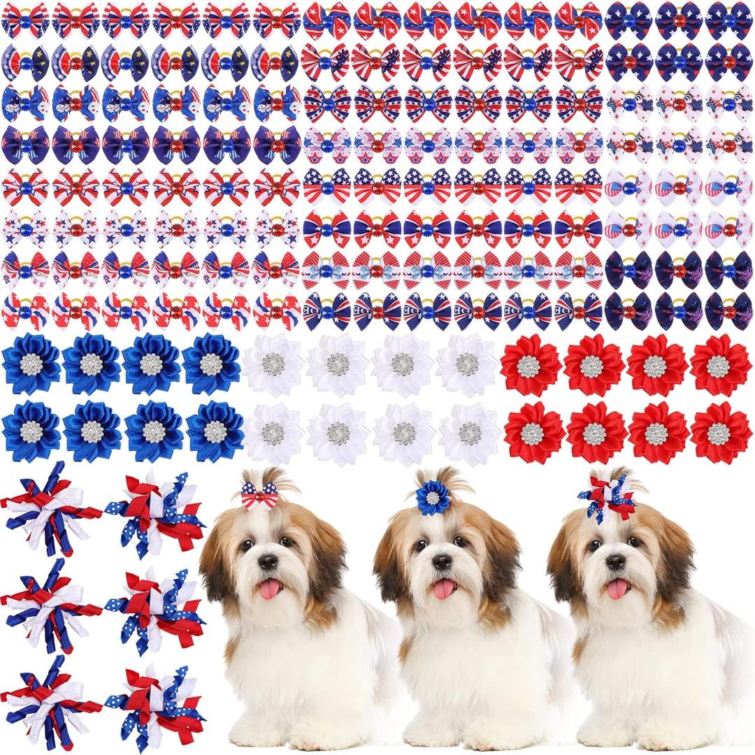 Kacctyen 150 Pcs 4th of July Patriotic Dog Bows with Rubber Bands, Red White Blue Flower Pet Hair Accessories, Independence Day Grooming Dog Bows for Small Medium Puppy Yorkie Cat Bunny