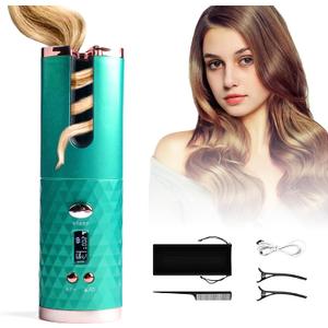 Automatic Curling Iron, Hair Curling Iron for Hair Styling, Cordless Auto Hair Curler, with 6 Temps and Timers, Auto Shut-Off, Fast Heating, Rechargeable Cordless Hair Curler 1 (Green) (Green)
