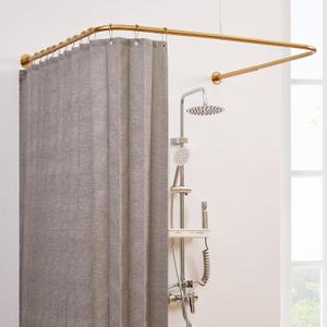 U Shaped Corner Shower Curtain Rod, [Both Sides: 23.6"-52", Middle: 31"-46.7"] Adjustable U Shape Pole No-Sagging Curtain Rod for Bathroom Outdoor with 12 Ring Hooks & Ceiling Support - Gold