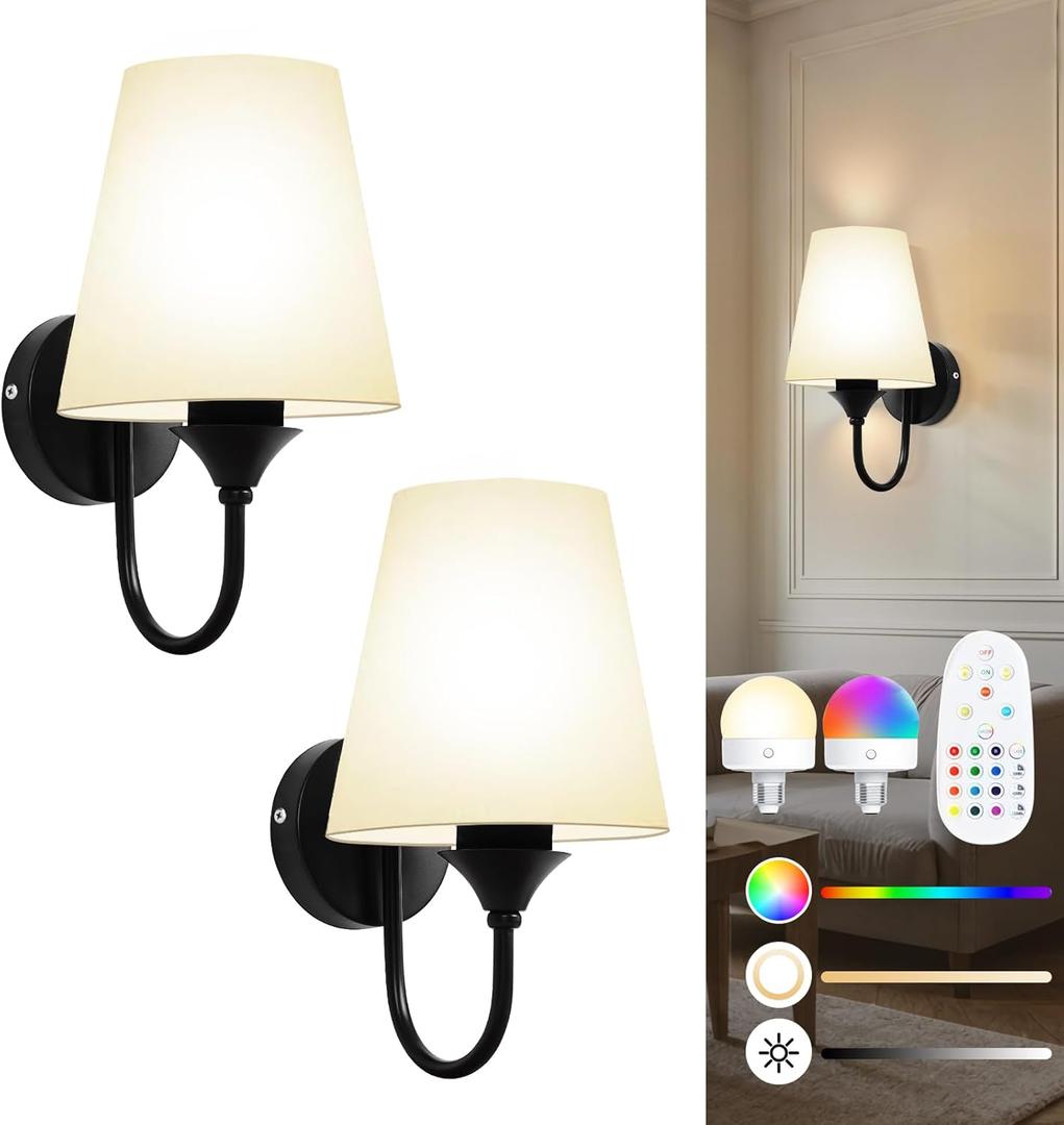 Battery Operated Wall Sconces Set of 2, 10000mAh Wireless Dimmable LED Wall Lights with Rechargeable 15 Colors Bulb & Remote, Timer & Flash 2 Light Mode, Bedroom Living Room Hallway Staircase (Black)