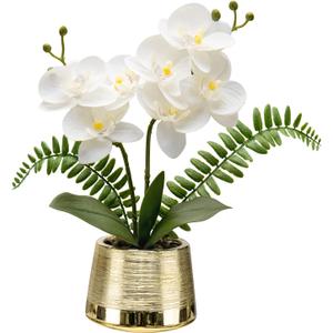 White Orchids Artificial Flowers in Gold Pot Faux Phaleanopsis Orchid Bonsia Fake Orchid Centerpiece for Dining Room