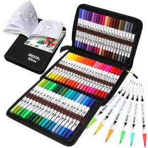 ZSCM Art Duo Tip Brush Markers Set, 60 Colors Fine Brush Tip Artist Drawing Pens Set with Coloring Book, for Adult Sketching Journal Planner School Supplies Gifts
