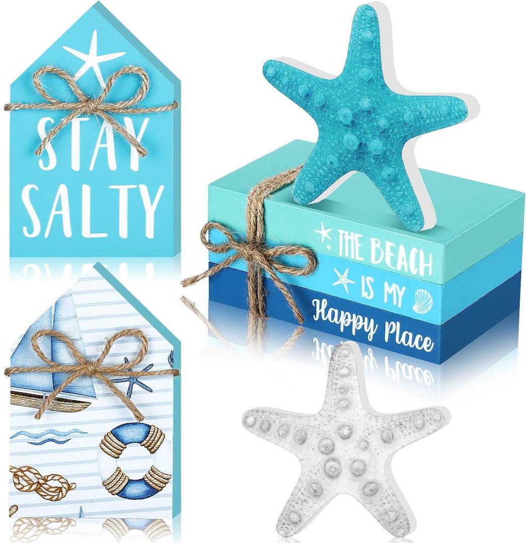 Blulu 5 Pcs Starfish Beach Tiered Tray Decor Coastal Summer Decoration for Home Ocean Blue Table Centerpieces 3 Faux Books Bundle with Twine Rustic Farmhouse Wood House Sign for Office Tabletop Shelf