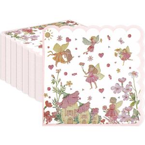 3 x 50pcs Fairy Napkins, 3-Ply Disposable Dinner Napkins Paper Party Scalloped Wonderland Forest Garden Disposable Paper Napkins for Fairy Birthday Party Baby Shower Decorations (6.5in)