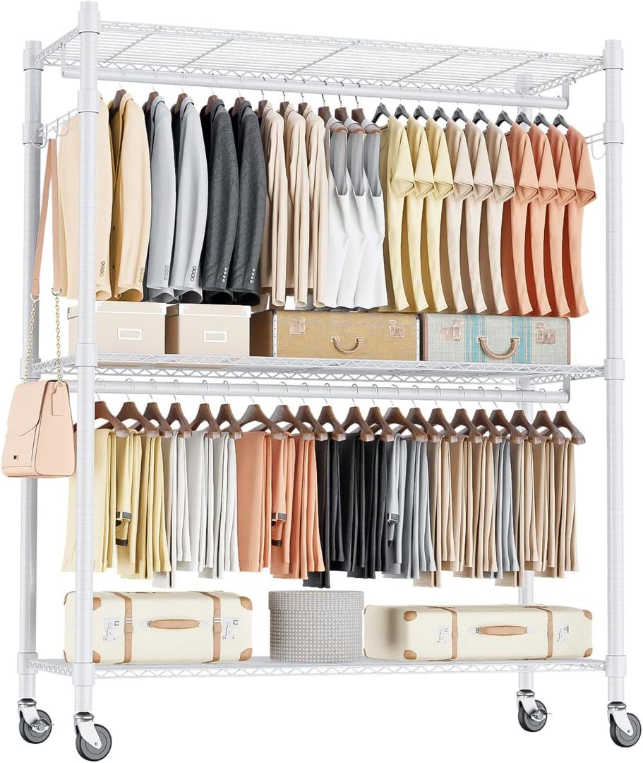 Homdox 3 Tier Garment Rack with Wheels, Portable Closets for Hanging Clothes Heavy Duty, Closet Racks and Shelving with Double Hanger Rods & Side Hooks, White (17.72"D x 47.24"W x 80.71"H)