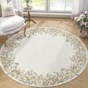 jinchan Round Rug 5ft Area Rug Indoor Vintage Circle Rug 5' Round Washable Thin Rug Floral Elegant Luxury Garland Print Non Slip Carpet for Living Room Dining Room Bedroom Entryway Decor Ivory Taupe