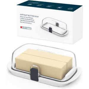 KITCHENDAO Large One-handed Butter Dish with Lid for Countertop, Airtight Butter Holder with One Press to Open/Close Secure Latching Buckle for East Coast/West Coast/European/Kerrygold Butter(White)