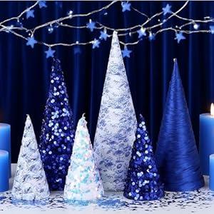 5 Pcs 12" 10" 6" Christmas Cone Tree Decorations Blue White Velvet Porcelain Glitter Table Decor Farmhouse Tiered Tray Ornament Xmas Tree for Home Holiday Entryway Tabletop Centerpiece Decorations
