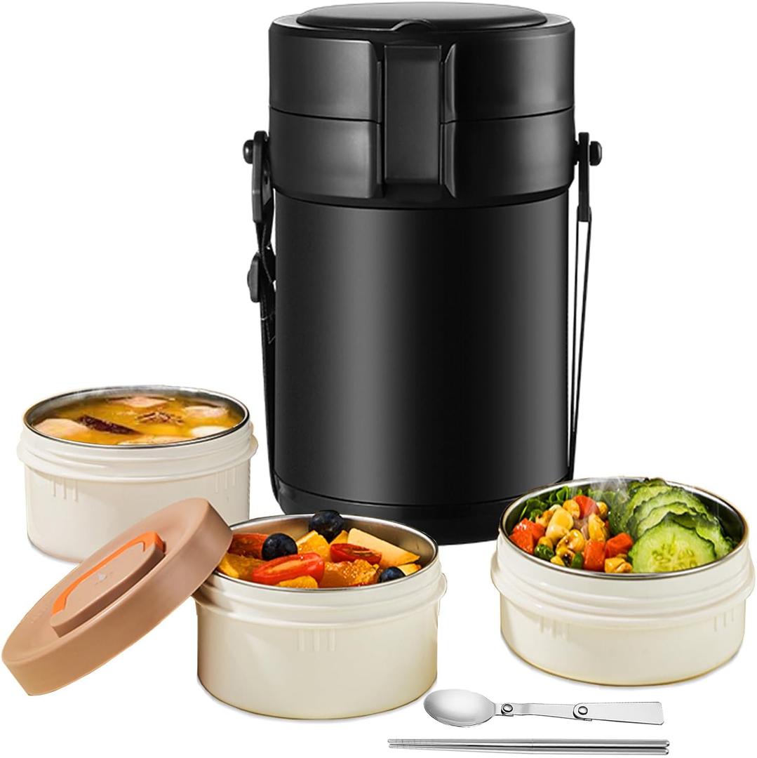 82oz Thermos Container For Hot Food, 3 Tier Wide Mouth Insulated Stackable Food Container, lunch box for Work Office Outdoors Picnic (black) (Black)