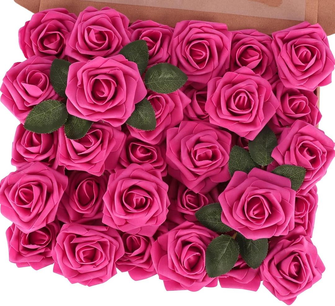 MACTING 30PCS Artificial Flower Roses, Real Touch Fake Flowers with Stems, Foam Roses for Wedding Bouquet Party Centerpieces Baby Shower Home Decorations (Hot Pink)