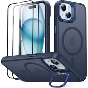JAME for iPhone 15 Case with Stand, 2X [Tempered Glass Screen Protector][Compatible with Magnetic], Built-in Camera Kick-Stand Phone Cover for iPhone 15, Magnetic Case for iPhone 15 6.1, Blue
