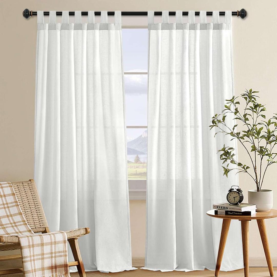 H.VERSAILTEX Natural Linen Curtains Linen Textured Living Room Curtain Light Filtering Tab Top Window Treatments Panels Highly Durable Curtain Panels for Bedroom (2 Panels, 52" x 84", Pure White)