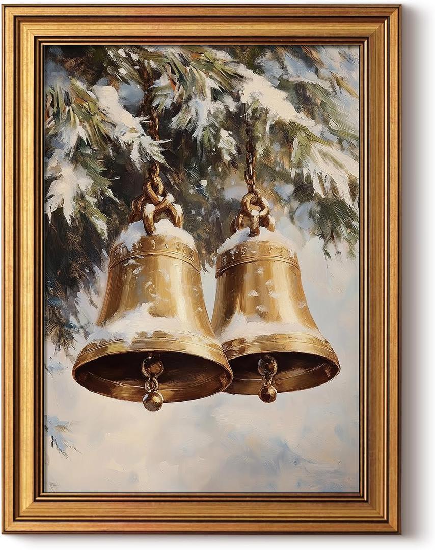 InSimSea Gold Framed Christmas Wall Art, Vintage Canvas Prints Decor, Jingle Bells Snow Paintings Wall Shelf Decor, Rustic Pictures for Winter Bedroom Holiday Decoration Gifts, 12x16inch