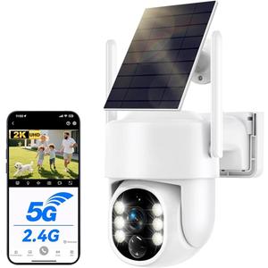 Camera Surveillance WiFi Exterieure sans Fil Solaire 2.5K 4MP avec 2.4G et 5GHz Wi-Fi, Batterie 8000mAh, Panneau Solaire 5W, 360° PTZ, IP66, Vision Nocturne Couleur, PIR Détection de Mouvement