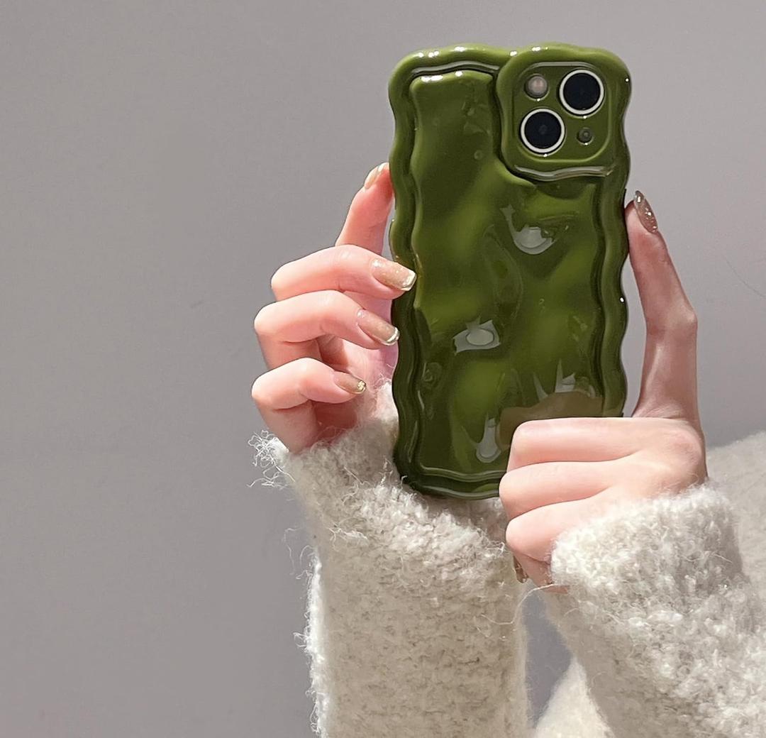 FABSPARK Case for iPhone 14 Pro Max,Cute 3D Solid Color Meteorite Bubble Water Ripple Curly Wavy Frame Case,Soft TPU Shockproof for iPhone 14 Pro Max 6.7 Inch,Cream Green