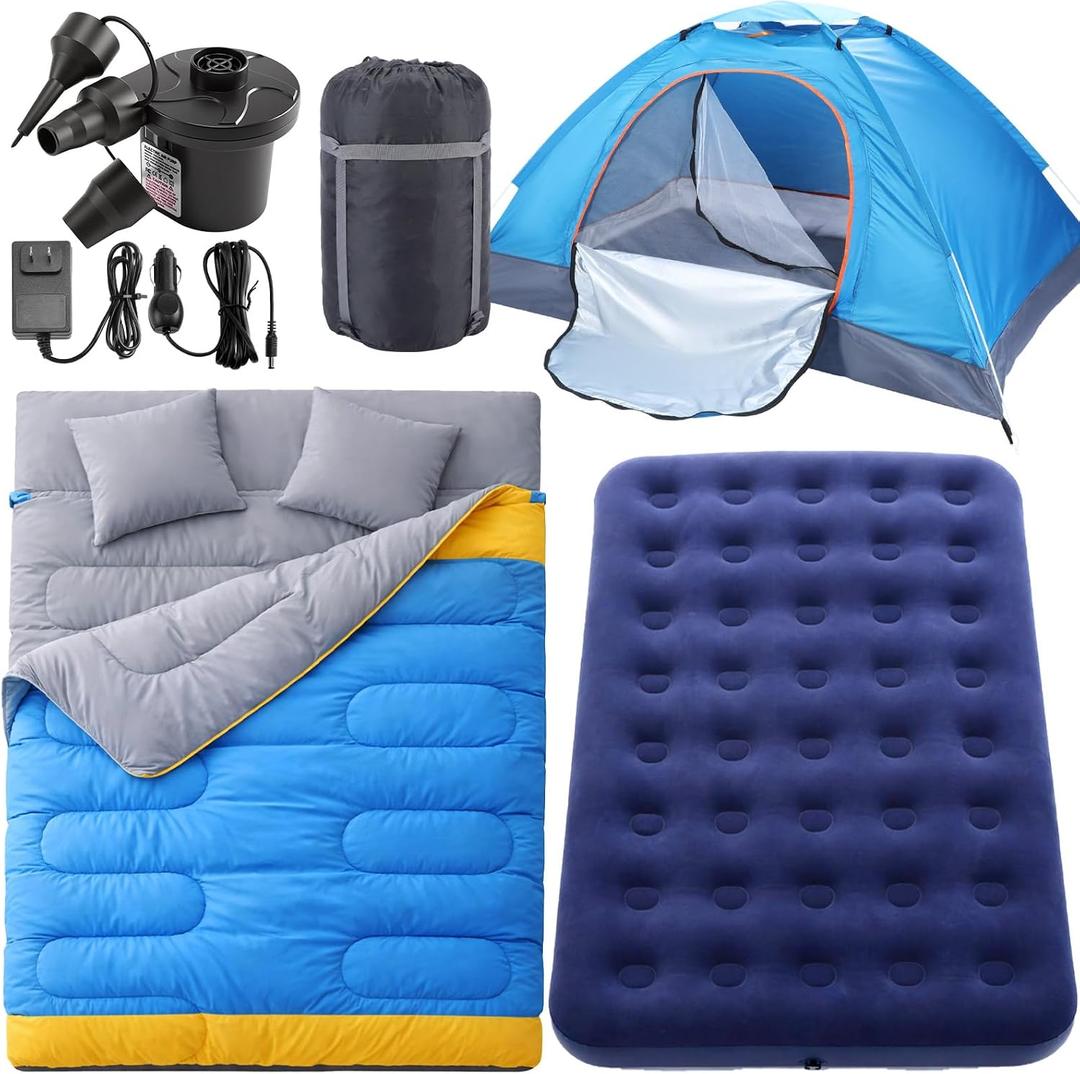 4 Pcs Camping Tent Set Include 1-2 Person Tent, Sleeping Bag, Air Mattress and 110v Ac/12v Electric Air Pump with 3 Nozzles Easy Set up Shelter with Rain Fly and Carrying Bag for Outdoor, Air mattress size: about 75 × 54"