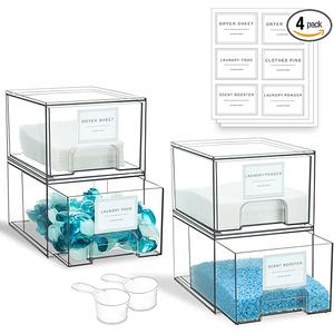4 Pack Laundry Room Organization and Storage Containers with Labels, Stackable Clear Plastic Storage Drawers for Dryer Sheet Holder, Laundry Pods Container, Laundry Room Decor for Organizing