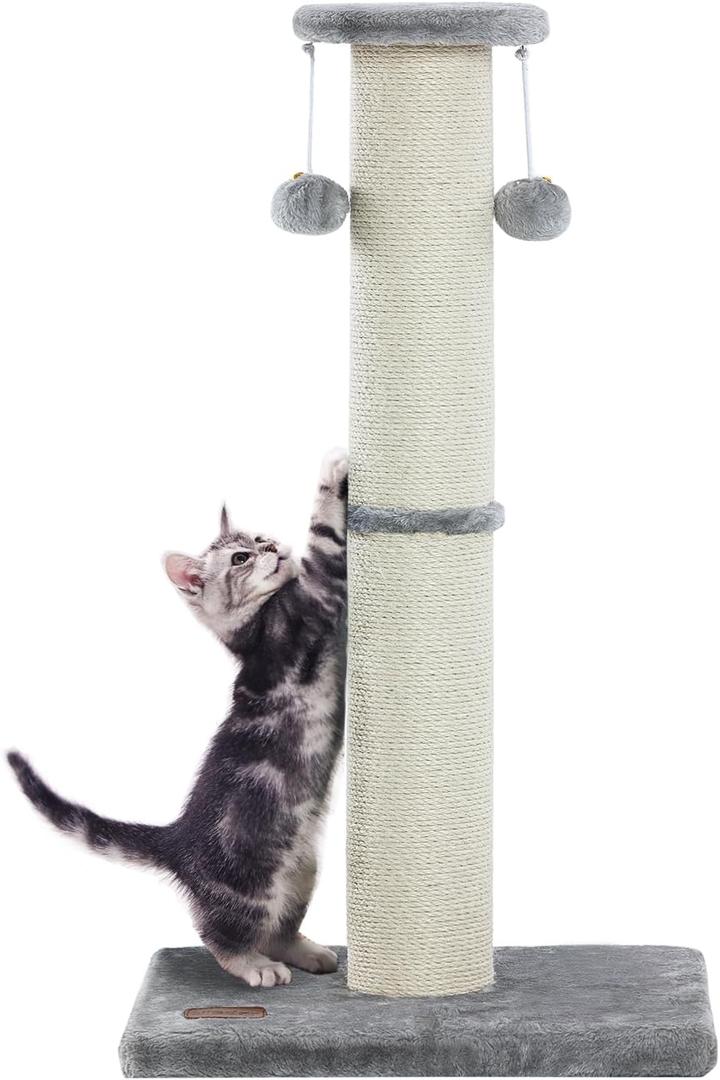 34Inch Tall Cat Scratching Post,4.3Inch Diameter Large Sisal Cat Scratch Post with Ball, Sturdy and Durable Cat Scratcher for Indoor Cats Adults Grey