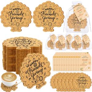 Hushee 12 Sets Friendsgiving Gifts Bulk Friendsgiving Cork Coasters Thanksgiving Cork Coaster Leaf Coaster with Thank You Cards and Organza Bag Thanksgiving Autumn Fall Party Favors (Maple Turkey)