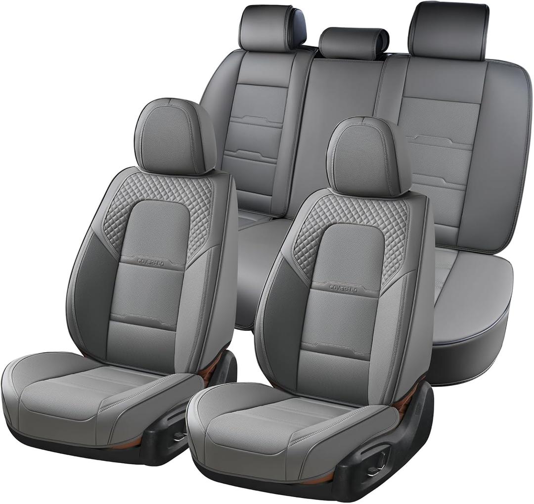 Coverado Car Seat Covers Full Set, 5 Piece Car Seat Protector with Removable Headrest, Nappa Leather Breathable Front Back Rear Seat Cushion Universal Fit for Truck Automotive Most of Cars Gray