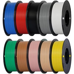 Kingroon PLA 3D Printer Filament, 10 Rolls, Dimensional Accuracy +/- 0.03 mm, 10kg Spool(22lbs), 1.75 mm，Black White Grey Red Green Yellow Skin Sky Blue Pink Brown