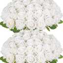 50 PCS Fake White Roses, Artificial White Flowers Bulk Realistic Silk Faux Roses with Stems for Wedding Decorations Table Centerpieces Bridal Bouquet DIY Floral Arrangement Event Party Home Decor