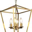 Gold Pendant Light for Dining Room Lantern Chandelier Light Fixture 4 Lights for Kitchen Island Adjustable Brass Geometric Hanging Light for Foyer Entryway