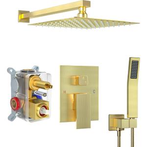 10 Inch Shower Faucet Set, Rainfall Shower System with Square Fixed Rain Shower Head and High Pressure Handheld Shower Head, Wall Mounted Rainfall Shower Fixtures, Brushed Gold