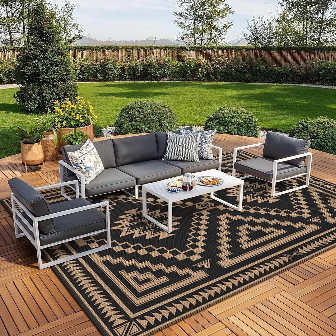 GENIMO Outdoor Rug, Waterproof Plastic Rugs for Patio, 10'x14' Dark Brown | Outside Larger Modern Carpet Mat for Patio Decor, RV, Porch, Camper, Deck, Picnic, Beach, Backyard, Reversible, Foldable