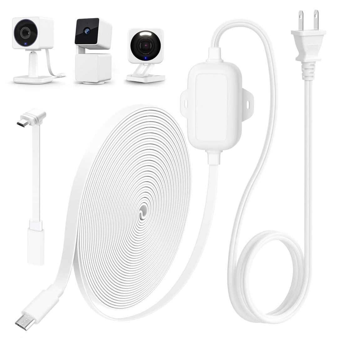 25FT Outdoor Power Adapter & L-Shape Micro USB Extension Cable - WYZE Cam V4 & Pan V3 Compatible, IP67 Waterproof Flat Cable for WYZE Plug, Offers Special 'Charge While Recording' Feature (White)